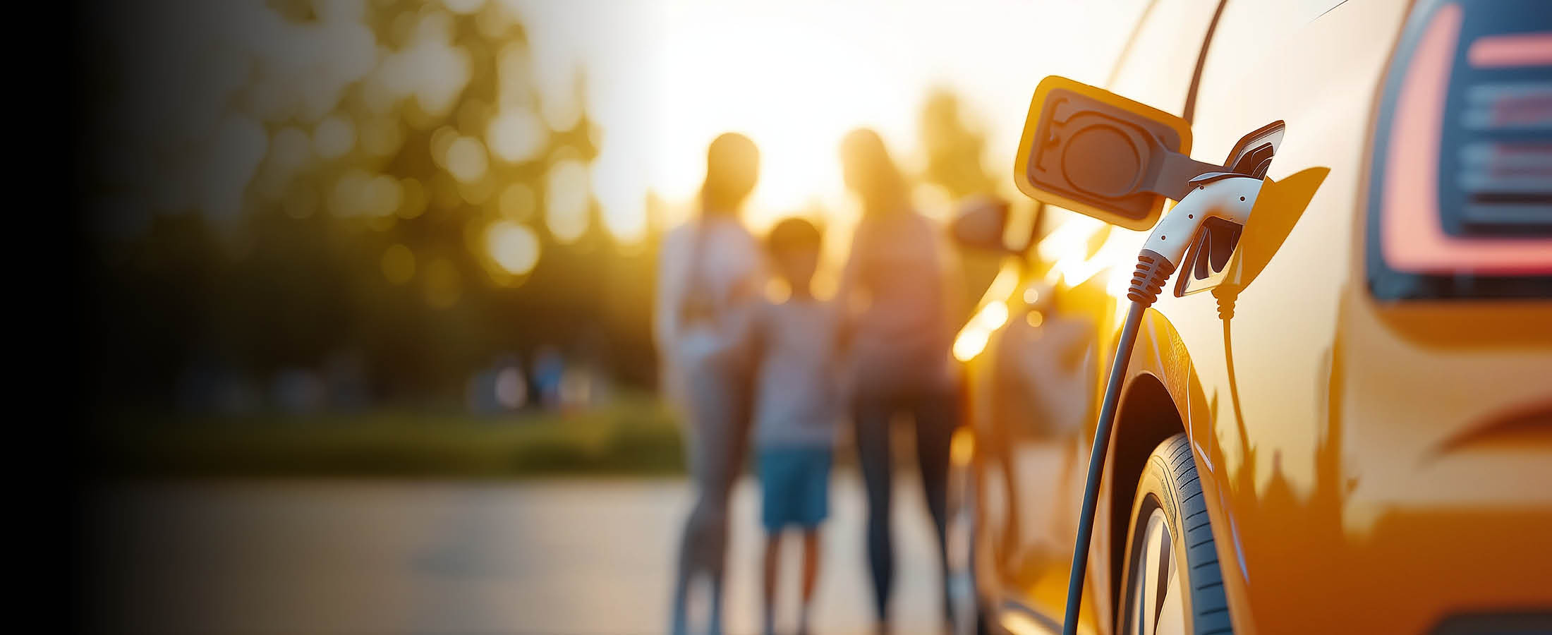 Ein gelbes Elektroauto wird an einer Ladesäule aufgeladen. Im Hintergrund steht eine Familie im Sonnenuntergang.