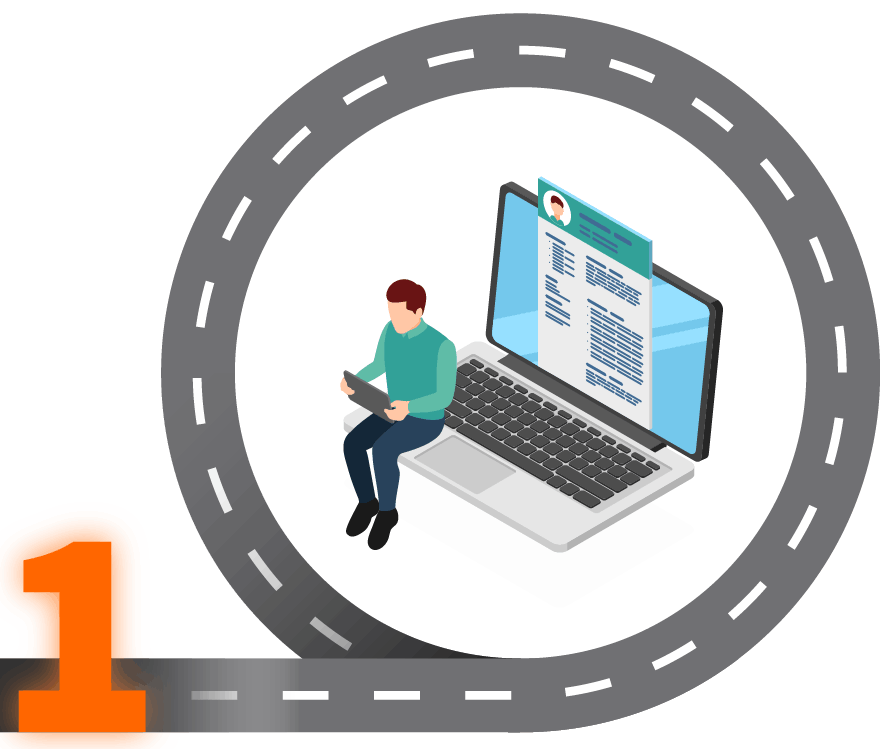 Eine Person sitzt mit einem Tablet vor einem geöffneten Laptop, aus dem ein großer Lebenslauf herausragt; um das Bild verläuft eine stilisierte Straße mit einer orangefarbenen Markierun