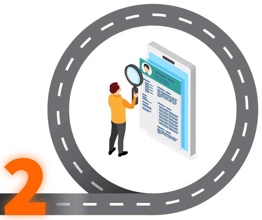 Eine Person betrachtet mit einer Lupe einen großen Lebenslauf, der auf einem Tablet angezeigt wird; das Ganze ist von einer stilisierten Straße mit einer orangefarbenen Markierung umrahmt.