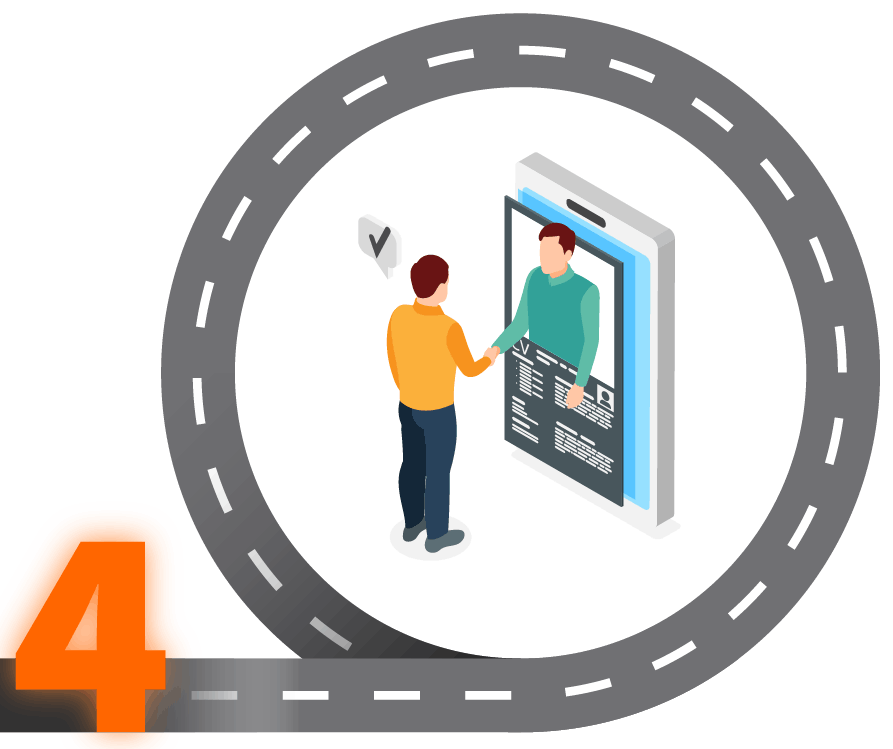 Zwei Personen geben sich per Handschlag die Hand, wobei eine aus einem großen digitalen Lebenslauf auf einem Tablet herauskommt; daneben ist ein Häkchen als Symbol für Zustimmung oder Einstellung zu sehen.