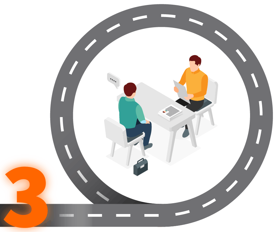 Zwei Personen sitzen sich an einem Tisch gegenüber, wobei eine Person Unterlagen in der Hand hält und die andere zuhört; auf dem Tisch liegen Dokumente und eine Aktentasche steht daneben – die Szene erinnert an ein Vorstellungsgespräch.